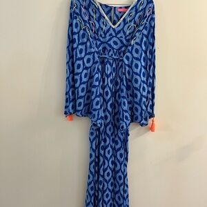 Blue Patterned caftan with tassels.